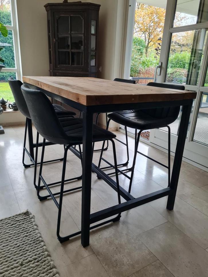 Hoge eettafel + 4 stoelen, Huis en Inrichting, Barkrukken, Gebruikt, 60 tot 90 cm, Hout, Kunststof, Leer, Metaal, 4 krukken, Ophalen