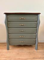 Woudgroene ladekast met walnootkleurig blad, Ophalen, Gebruikt, 5 laden of meer, 50 tot 100 cm