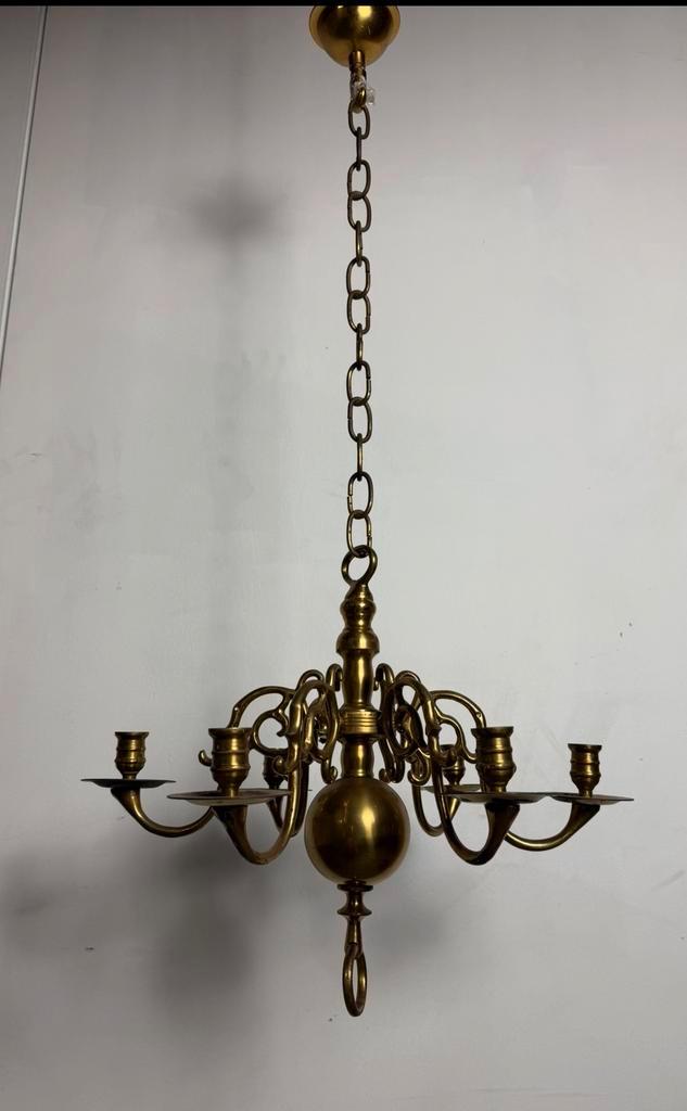 Antieke geel koperen kaarsenkroon, Huis en Inrichting, Lampen | Kroonluchters, Zo goed als nieuw, Ophalen