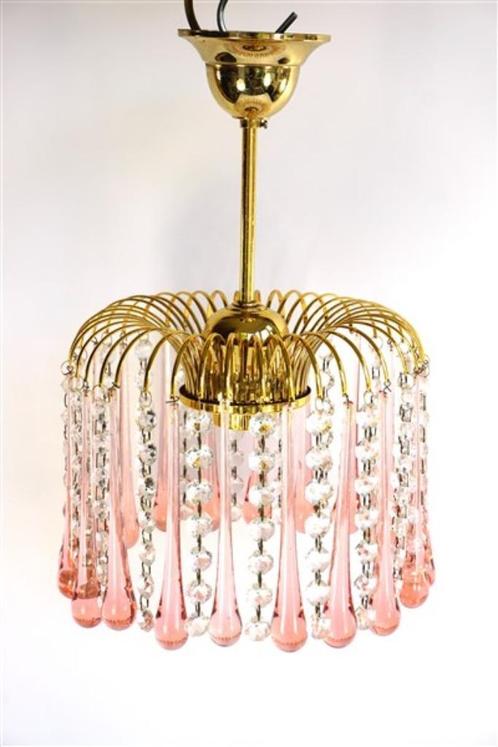 Teardrop - kroonluchter - glas roze pegels, Huis en Inrichting, Lampen | Kroonluchters, Gebruikt, Glas, Ophalen of Verzenden