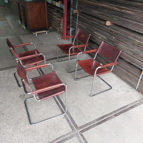 4 vintage matteo grassi buisframe stoelen, Huis en Inrichting, Stoelen, Gebruikt, Vier, Leer, Bruin, Ophalen