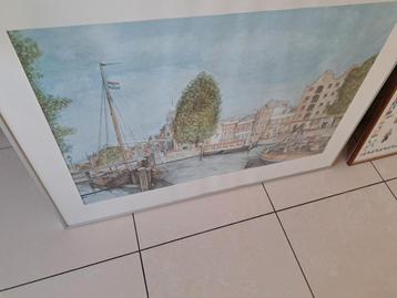  Echte aquarel van gracht,schepen van Rob van der lo