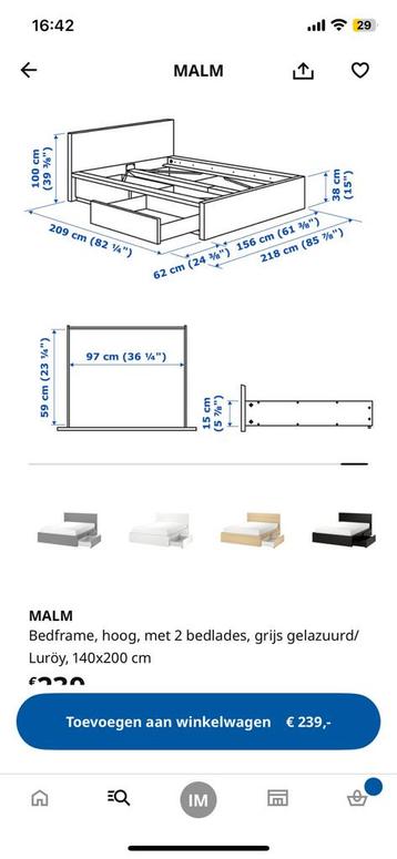 Ikea malm bedframe grijs 140x200 met 2 lades - afbeelding 3