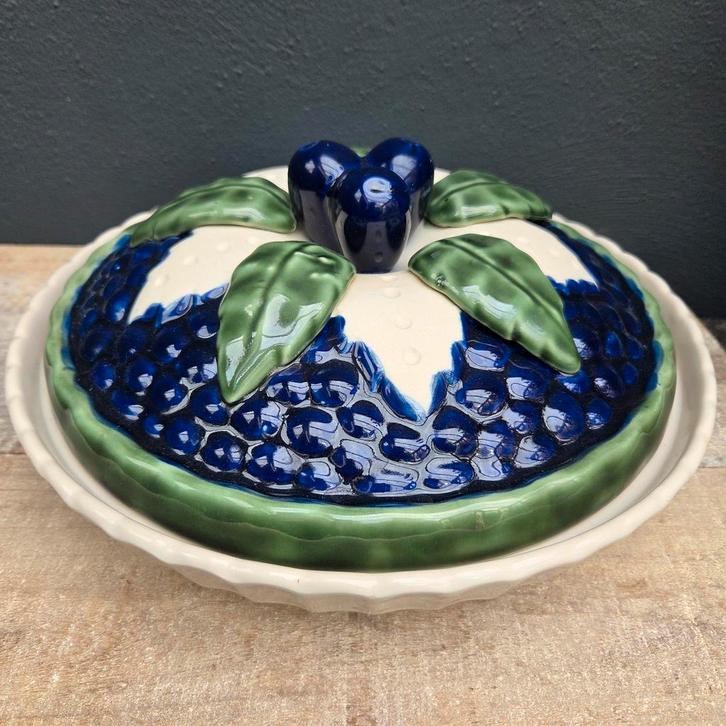 Vintagetaartschaal met deksel, Pruimenmotief, Antiek en Kunst, Antiek | Keramiek en Aardewerk, Ophalen of Verzenden