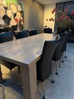 Zwaar eiken houten tafel incl leren stoelen, Ophalen, Eikenhout, 200 cm of meer, 50 tot 100 cm