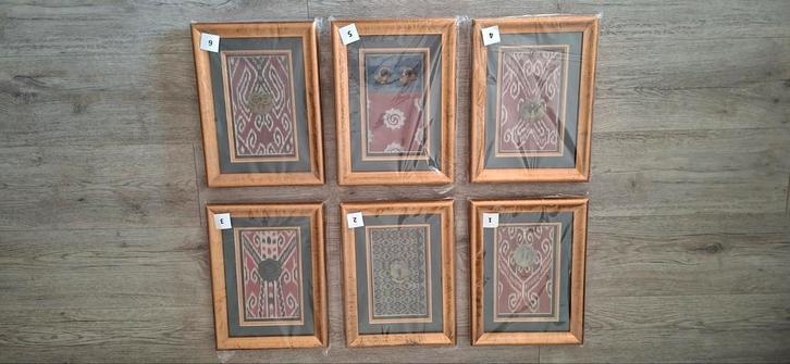 6x schilderij met IKAT stof en Jade, Huis en Inrichting, Woonaccessoires | Kamerschermen, Nieuw, Ophalen of Verzenden