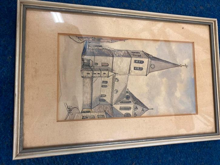 Gesigneerde pentekening Pancratiuskerk Heerlen, Antiek en Kunst, Kunst | Tekeningen en Foto's, Ophalen of Verzenden