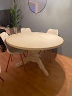 Ronde witte eiken eettafel met 5 stoelen, Ophalen, Gebruikt, 100 tot 150 cm, Vijf personen of meer