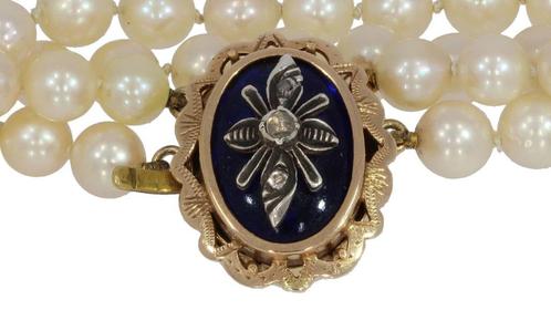 Roosdiamant blauw glas antieke parel ketting 2-strengs dames, Sieraden, Tassen en Uiterlijk, Antieke sieraden, Ketting, Goud, Met edelsteen