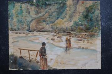 aquarel vrouwen steken rivier over, Indonesie L. Herger 1952 beschikbaar voor biedingen