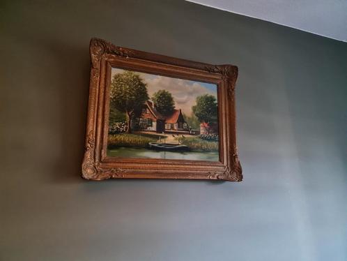 Klassiek schilderij landhuis aan oever. T. Verkade, Antiek en Kunst, Kunst | Schilderijen | Klassiek, Ophalen of Verzenden
