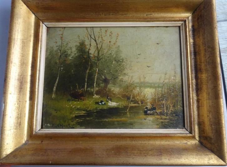 EENDENFAMILIE * OLIEVERF OP PANEEL * In Lijst *, Antiek en Kunst, Kunst | Schilderijen | Klassiek, Ophalen of Verzenden