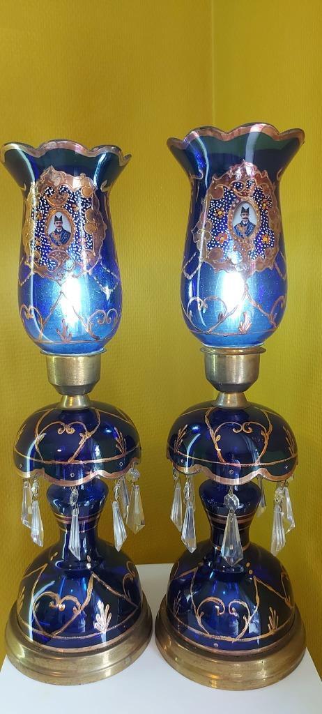 paar blauwe Perzische glazen lampen, Antiek en Kunst, Antiek | Lampen, Ophalen of Verzenden