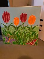 Kleurrijk acrylverf schilderij met metalen lijst 1x1 meter, Ophalen