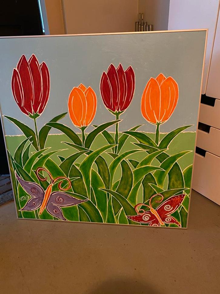 Kleurrijk acrylverf schilderij met metalen lijst 1x1 meter, Antiek en Kunst, Kunst | Schilderijen | Klassiek, Ophalen