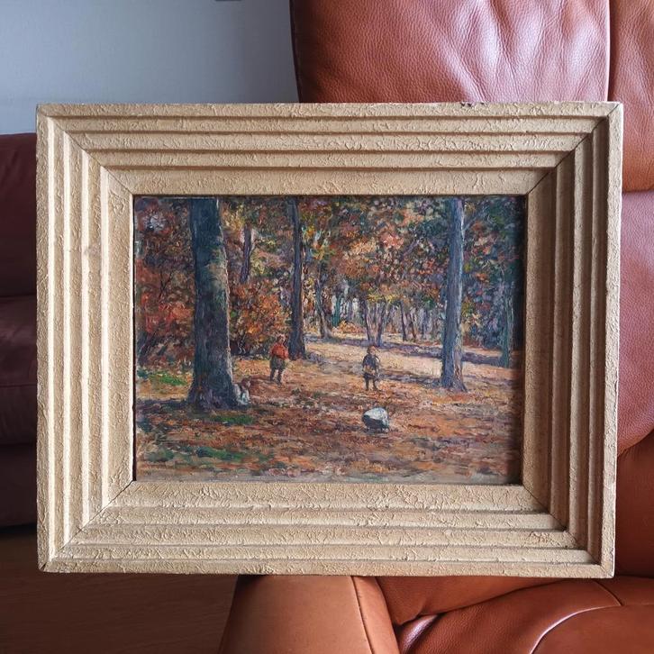 Hollandse school (XX), kinderen spelen in herfst bos, Antiek en Kunst, Kunst | Schilderijen | Klassiek, Ophalen of Verzenden