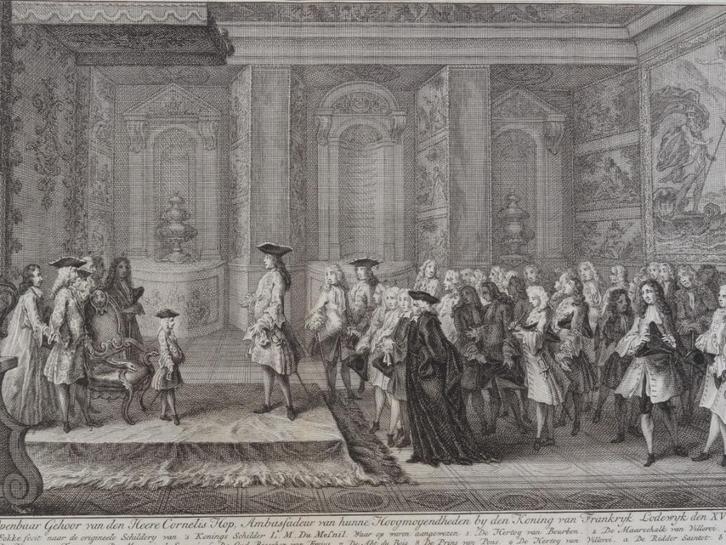 Gravure Openbaar gehoor Cornelis Hop bij Lodewijk XV 1719 , Antiek en Kunst, Kunst | Etsen en Gravures, Verzenden