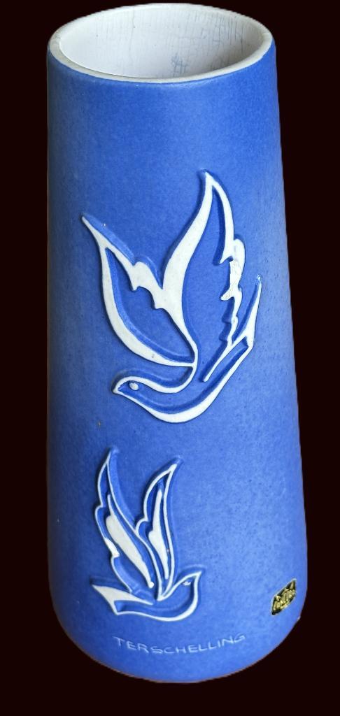 Vaas  Azura van L`Ancora Relief decor vogels Terschelling, Huis en Inrichting, Woonaccessoires | Vazen, Zo goed als nieuw, Blauw