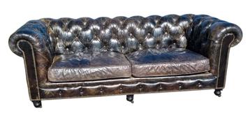 Vintage Chesterfield bank zwart groen bruin leer + BEZORGING beschikbaar voor biedingen