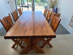 Massief eiken kloostertafel met 8 zadelzit stoelen, Ophalen, Rechthoekig, 200 cm of meer, 50 tot 100 cm