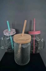 Bekerglazen met deksel 3 stuks 2.50  Rietjes, Ophalen, Zo goed als nieuw
