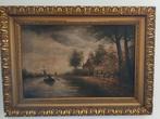 Schilderij: Hollands Landschap met Molens en Boot, Antiek en Kunst, Ophalen