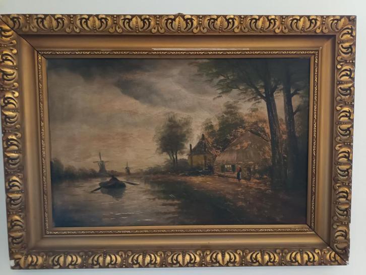 Schilderij: Hollands Landschap met Molens en Boot, Antiek en Kunst, Kunst | Schilderijen | Klassiek, Ophalen
