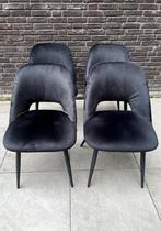 Set van 4 zwarte velvet eetkamerstoelen – in goede staat, Gebruikt, Zwart, Ophalen of Verzenden, Vier