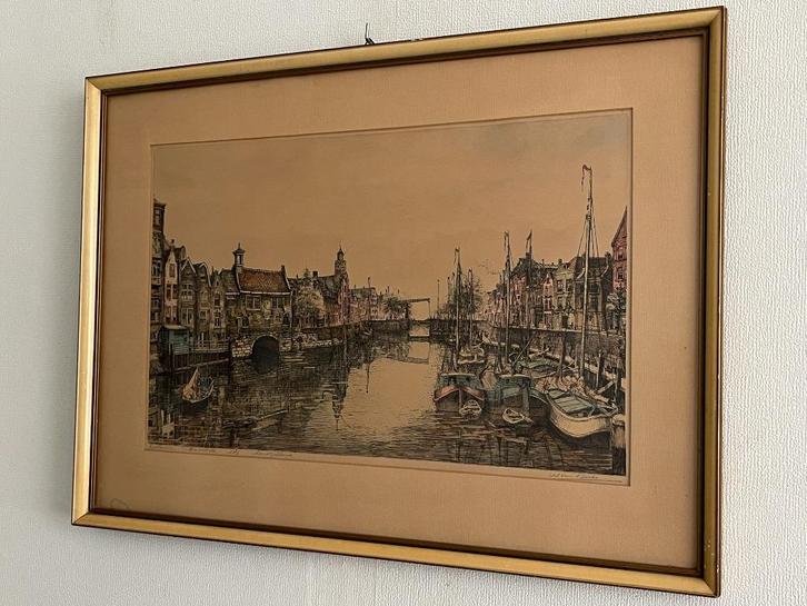 Gekleurde ets 1930 Wim Beeke; Delfshaven R'dam, Antiek en Kunst, Kunst | Etsen en Gravures, Ophalen of Verzenden