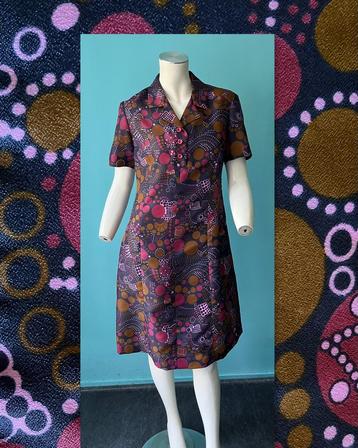 Vintage originele jaren 70 jurk zwart/bruin/paars maat 38 beschikbaar voor biedingen