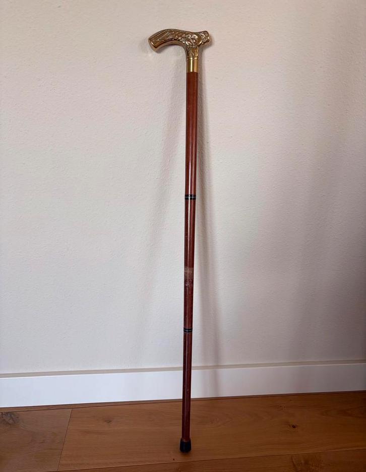 Vintage houten wandelstok met messing vogelkop handvat, Diversen, Wandelstokken, Gebruikt, Ophalen of Verzenden