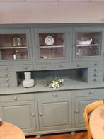 Prachtige landelijke buffetkast Dusty Olive 202 cm, Ophalen, 200 cm of meer, Glas, 200 cm of meer