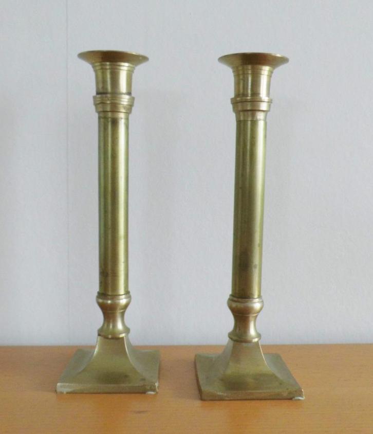 Vintage messing kandelaars, twee, Huis en Inrichting, Woonaccessoires | Kandelaars en Kaarsen, Gebruikt, Kandelaar, Minder dan 25 cm