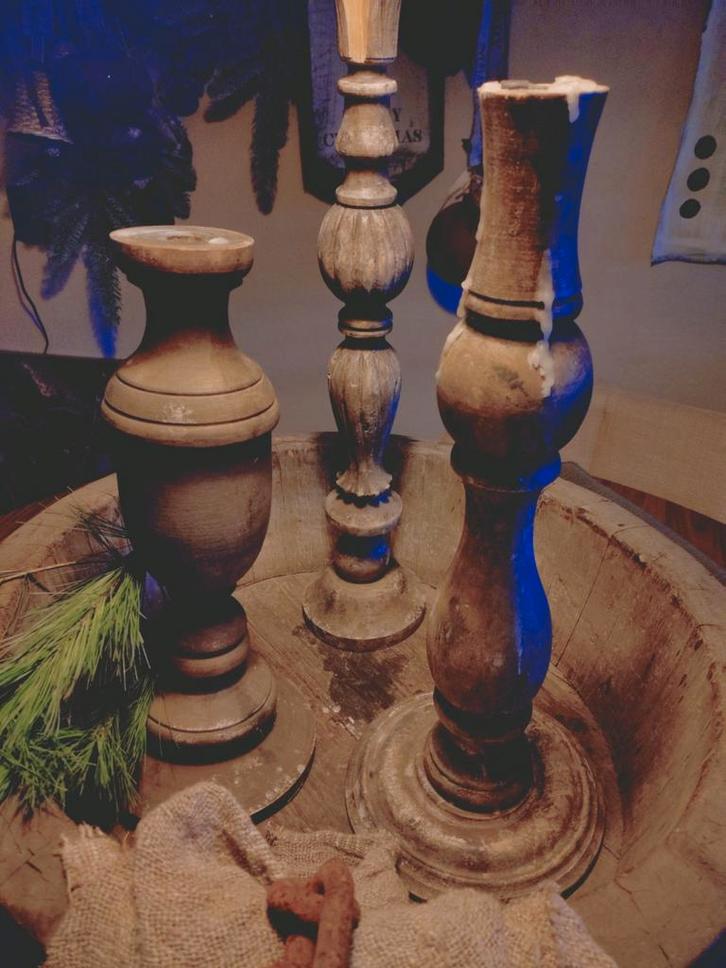 Olijfbak en pme kandelaren., Huis en Inrichting, Woonaccessoires | Overige, Ophalen of Verzenden