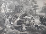 Antieke Staalgravure - The wild boar hunt - Ca1850., Antiek en Kunst, Ophalen of Verzenden
