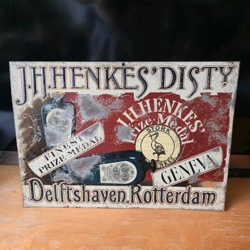 Oud reclamebord, blikken reclame bord J.H. Henkes' Disty, Verzamelen, Overige Verzamelen, Gebruikt, Ophalen of Verzenden