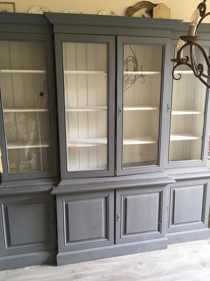 Antieke Franse buffetkast, grenenhout, grijsblauw., Huis en Inrichting, Kasten | Buffetkasten, Gebruikt, 200 cm of meer, 200 cm of meer