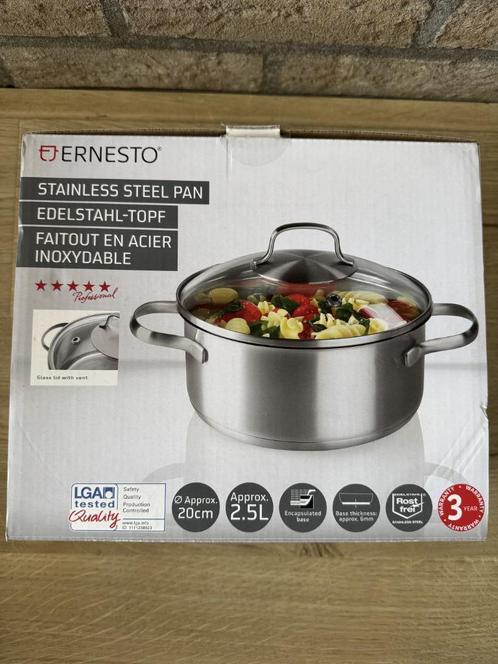 Ernesto RVS kookpan 20 cm glazen deksel inductie - NIEUW, Huis en Inrichting, Keuken | Potten en Pannen, Nieuw, Kookpan of Snelkookpan