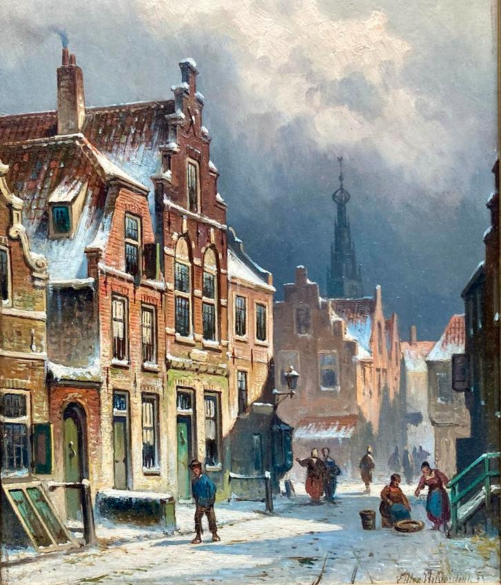 Hilverdink - Winters Amsterdam Stadsgezicht 1883, Antiek en Kunst, Kunst | Schilderijen | Klassiek, Ophalen of Verzenden
