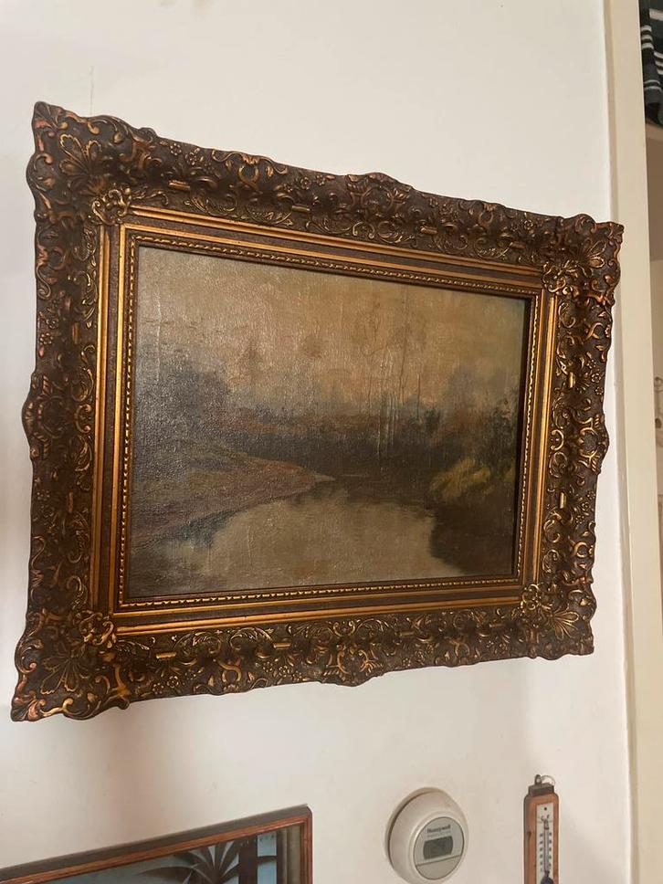 Antiek Olieverf Schilderij Landschap Rivier Gesigneerd Lijst, Antiek en Kunst, Kunst | Schilderijen | Klassiek, Ophalen of Verzenden