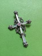 Prachtig Groot Zilveren Kruis - Paarlmoer - Rosekwarts - M, Verzenden, Zilver, Hanger, Met edelsteen
