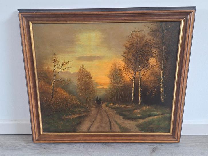 Gouden lijst, landschap met koets, gedateerd 28-9-81, Antiek en Kunst, Kunst | Schilderijen | Klassiek, Ophalen of Verzenden