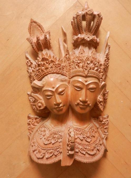 Houten sculptuur Buste man en vrouw Rama en Sita Indonesie, Antiek en Kunst, Kunst | Beelden en Houtsnijwerken, Ophalen of Verzenden