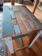 Scrap wood tafel 70x140 en krukje 33x50, Huis en Inrichting, Ophalen, Zo goed als nieuw, Rechthoekig