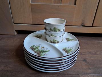 6 vintage fondueborden + 3 schaaltjes botanisch varenmotief  beschikbaar voor biedingen