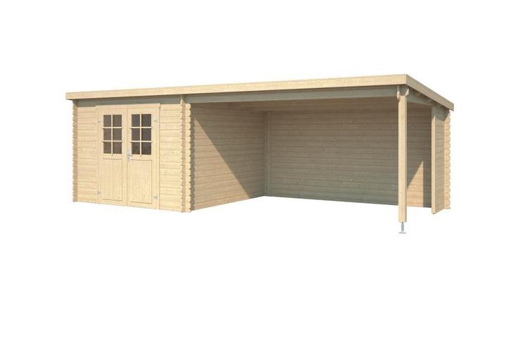 Blokhut met overkapping Flora 650x275 Onbehandeld vuren, Tuin en Terras, Tuinhuizen, Nieuw, Blokhut, Hout, 500 cm of meer, 200 tot 400 cm