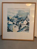 Schilderij huizen met houten lijst 70x80 blauw/wit, Ophalen