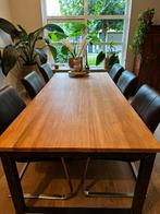 Eettafel teak met zes leren stoelen  225 x 100 cm, Ophalen, Gebruikt, Teakhout, 200 cm of meer