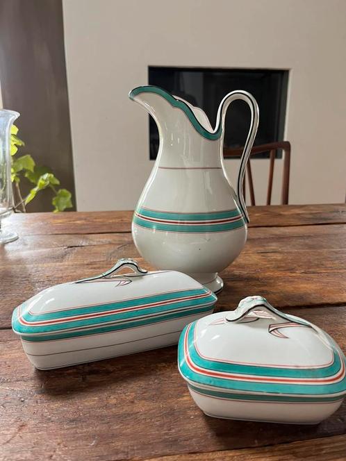 Brocante aardewerk grote waterkan, zeepbakje en kammenbakje, Antiek en Kunst, Antiek | Servies los, Verzenden