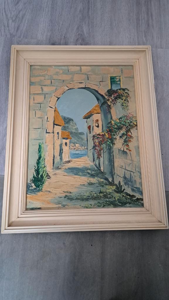 Schilderij - Mediterraans Dorp, Antiek en Kunst, Kunst | Schilderijen | Klassiek, Ophalen